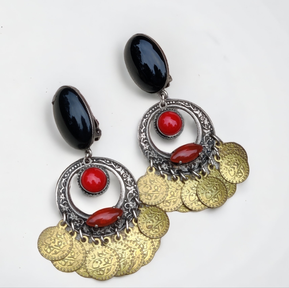 Vintage boho gypsy gemstone coin earrings